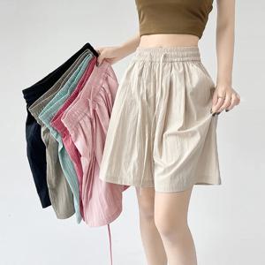 여름 여성 반바지 캐주얼 솔리드 두 주머니 탄성 허리 반바지 여자를위한 높은 허리 느슨한 반바지 부드러운 여성 비치 반바지