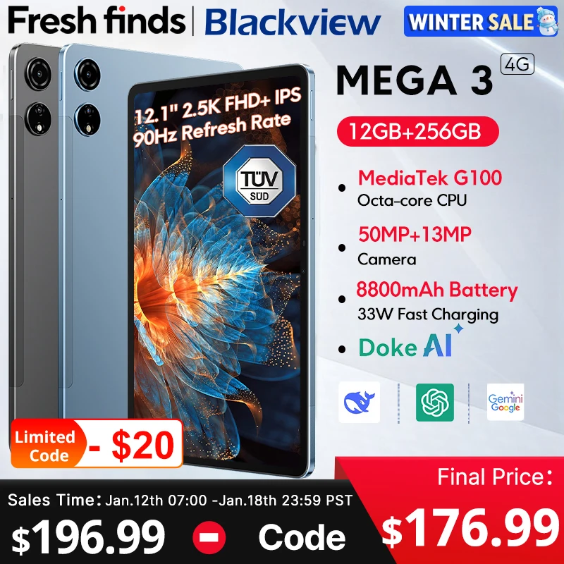 【세계 최초 공개】Blackview MEGA 3 태블릿 12.1인치 2.5K 90Hz 디스플레이 12GB 256GB 8800mAh 50MP 카메라 33W 고속 충전 안드로이드 15 패드