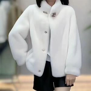 2025 신상 패션 맘 스타일 밍크 퍼 아우터 일체형 숏 퍼 두꺼운 스탠드 칼라 재킷 인조 퍼 코트 여성 브라운