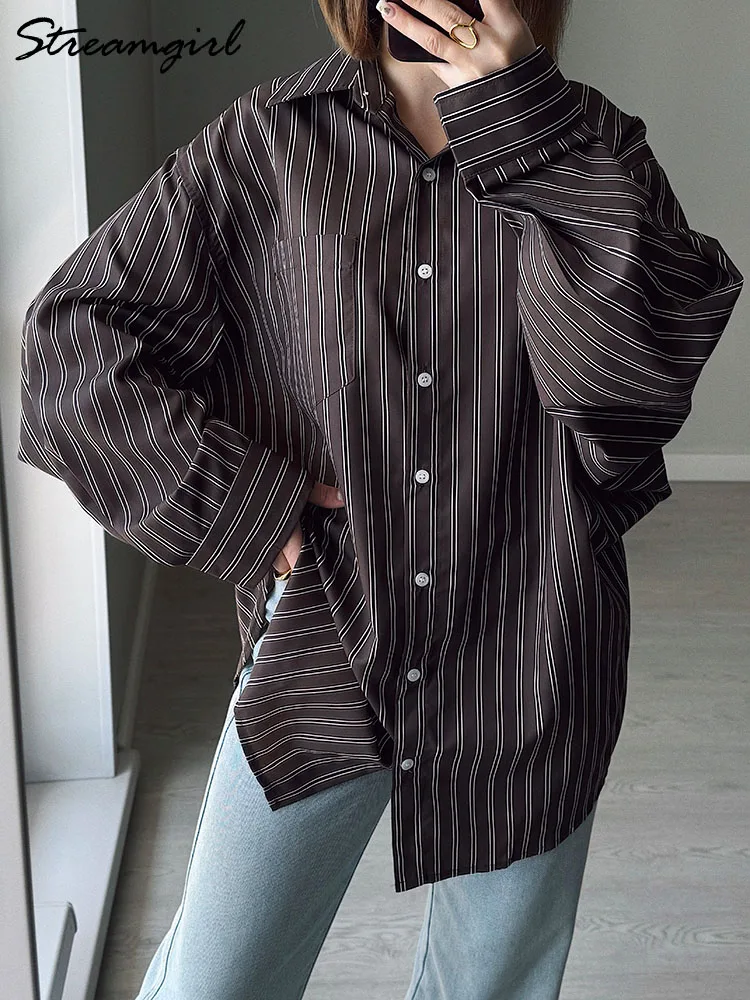 느슨한 줄무늬 셔츠 여성 브라운 긴 소매 Batwing 셔츠 Office Wear 여성 여성을위한 대형 블라우스 우아한 블루 셔츠