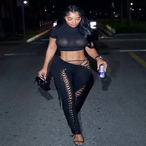 이상한 고양이 섹시한 2 피스 세트 여성 Hipster Halter Camisole + Shirring Hollow Pants Midnight Matching Stretch Clubwear 스키니 의상