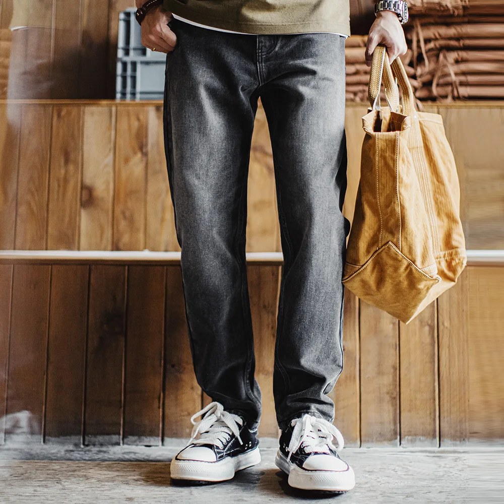 마덴 남성 빈티지 13온스 헤비웨이트 데님 진 워싱 그레이 스트레이트 레그 테이퍼드 팬츠 캐주얼 트라우저 (봄/가을)