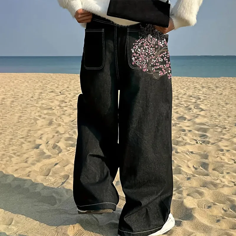 Y2K 아메리칸 스타일 빈티지 청바지 매화 자수 하라주쿠 패턴 데님 원단 와이드 레그 팬츠 남녀 공용 고스 스트릿웨어