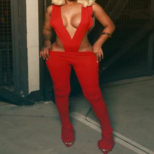 Sisterlinda 섹시한 와일드 스타일 2 조각 세트 여성 딥 V-넥 민소매 불규칙한 바디 수트 + 스키니 복숭아 힙합 바지 스트리트 패션 세트