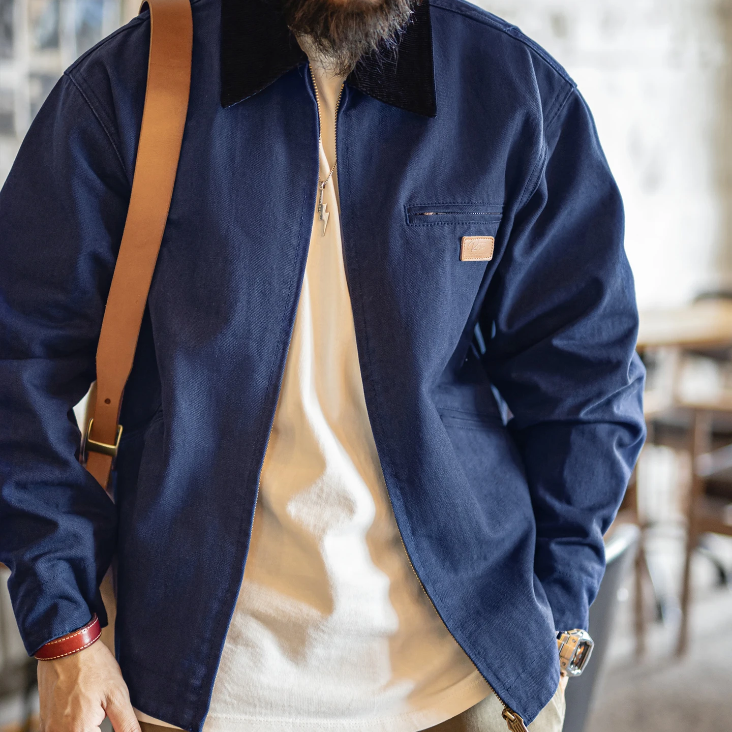 마덴 남성 레트로 J001 디트로이트 재킷 헤비웨이트 캔버스 사냥 코트 라펠 칼라 작업복 재킷 (봄/가을용 지퍼 포함)