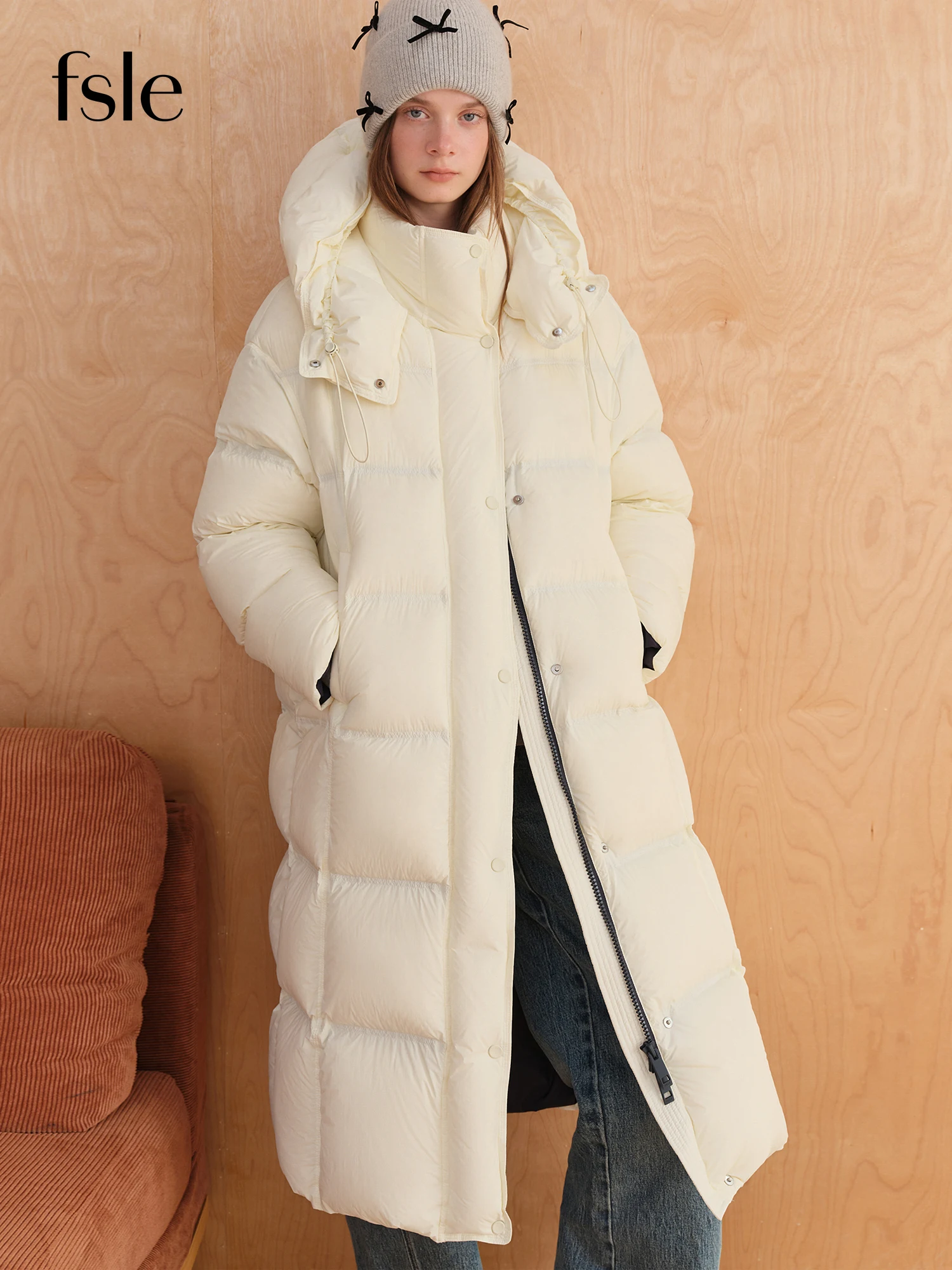 FSLE 2025 겨울 신상 여성 롱 패딩 다운 코트 (후드 포함) 투톤 배색 보온 재킷, 두꺼운 따뜻한 아우터