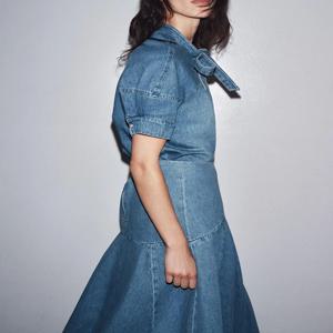 2025년 가을 신상 여성 데님 셔츠와 나비 매듭 미디 스커트, 미드웨이스트 무대 의상, 에스닉 패션 여성 고급 의류