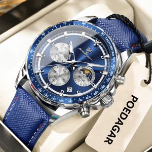 포에다가 오리지널 패션 남성 시계 야광 방수 크로노그래프 날짜 표시 남성용 가죽 쿼츠 스포츠 시계 레로즈