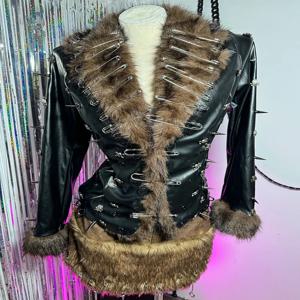 E-걸스 DIY Y2K 비건 가죽 인조 퍼 재킷 코트 고스 클럽웨어 핀 펑크 록 스터디드 틴 힙합 이모 핸드메이드 그런지