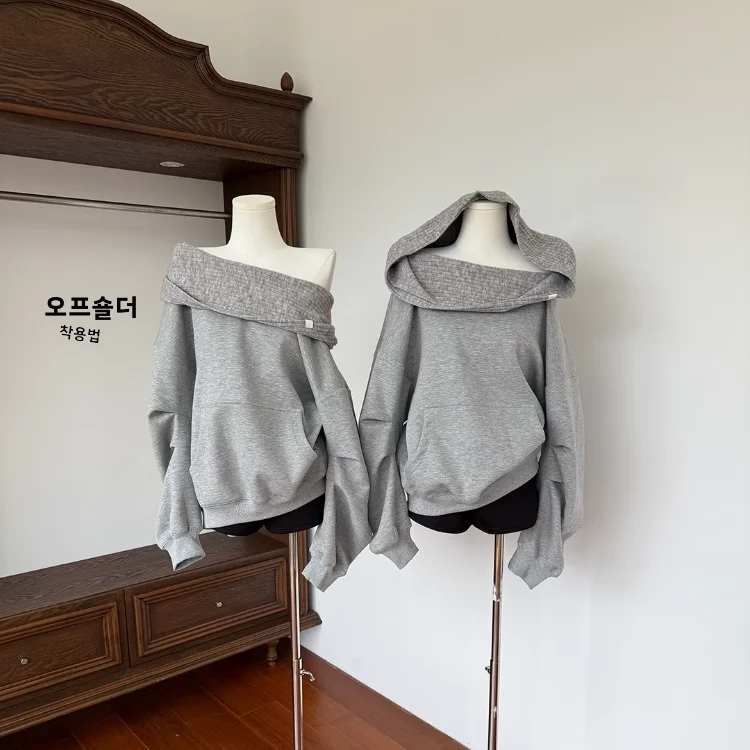 여유로운 스타일 캐주얼 루즈 오버헤드 후디 여성 초가을 어깨 노출 우아한 탑 투웨이 착용 대각선 어깨
