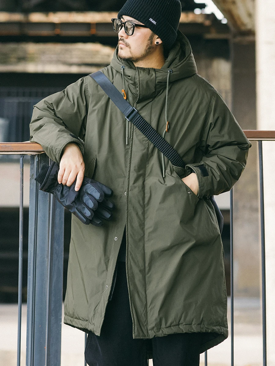 레트로 일본 스타일 남성용 다운 재킷 꼬리 깃털 장식 두꺼운 따뜻한 흰색 오리털 후드 코트 중간 길이 외투