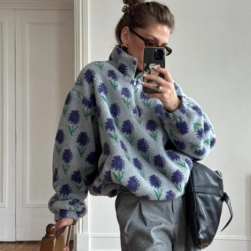TARUXY 플리스 프린팅 스웨트셔츠 여성용 하프 집업 스웨트셔츠 플리스 루즈 터틀넥 풀오버 여성 겨울 레저 스웨트셔츠