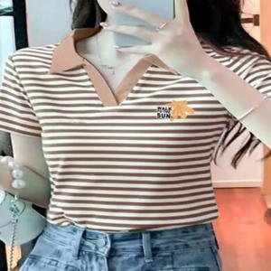 스트라이프 폴로 셔츠 퓨어 디자이어 스몰 V 코튼 칼라 반팔 여성 패션 컬러 블록 슬리밍 포켓 손수건