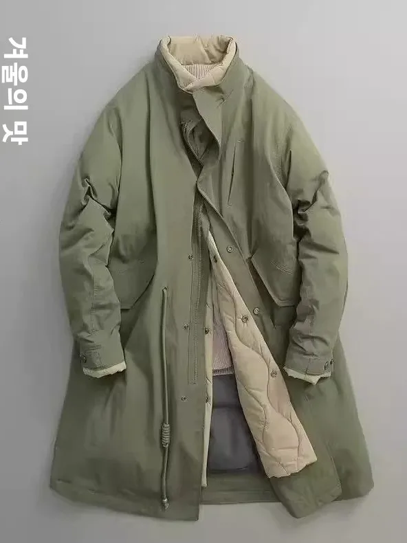 레트로 일본 스타일 롱 스탠드 칼라 남성 코튼 재킷 따뜻한 안감 작업복 스타일 코트 청년 캐주얼 두꺼운 폴리에스터