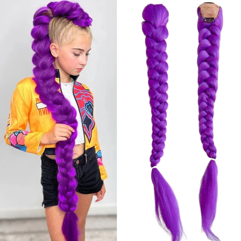 합성 브레이드 퍼플 헤어 포니테일 루미 코스튬 헤어스타일 26인치 롱 포니테일 클립 포함 어린이 소녀 선물