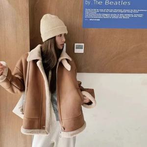 레트로 솔트 시리즈 여성용 바이커 재킷 짧고 두꺼운 따뜻한 퍼 가죽 코트 쿨 스타일 루즈핏 긴팔 지퍼 클로저