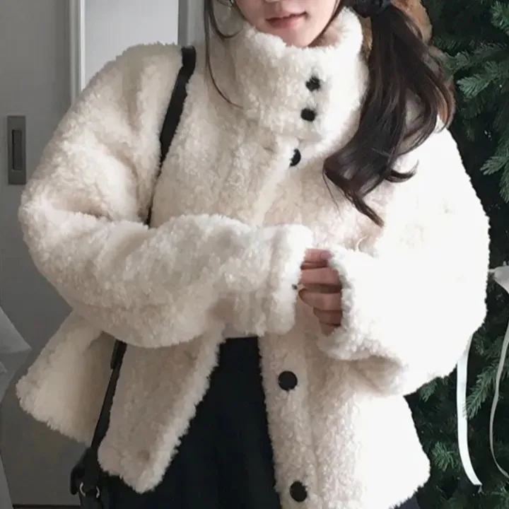 시크한 가을 겨울 숏 양털 코트 따뜻한 스탠드 칼라 컬리지 스타일 여성 아우터웨어 레트로 디자인 안티에이징 트렌디