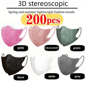 200개/3D 입체 다색 일회용 4겹 마스크, 얼굴 윤곽에 맞는 곡선형 디자인, 두꺼운 탄성 이어 루프와 코 브리지 클립 포함, 가정용 저렴한 대량 구매, 여행, 야외 활동, 일상 착용, 파티 및 사무실 사용에 적합