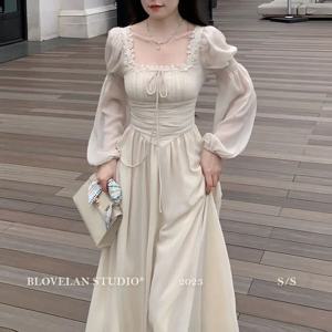 로리타 달콤한 섹시한 쉬폰 드레스 여성 패션 슬림 우아한 프랑스 드레스 통기성 긴 소매 비치 휴가 파티 드레스