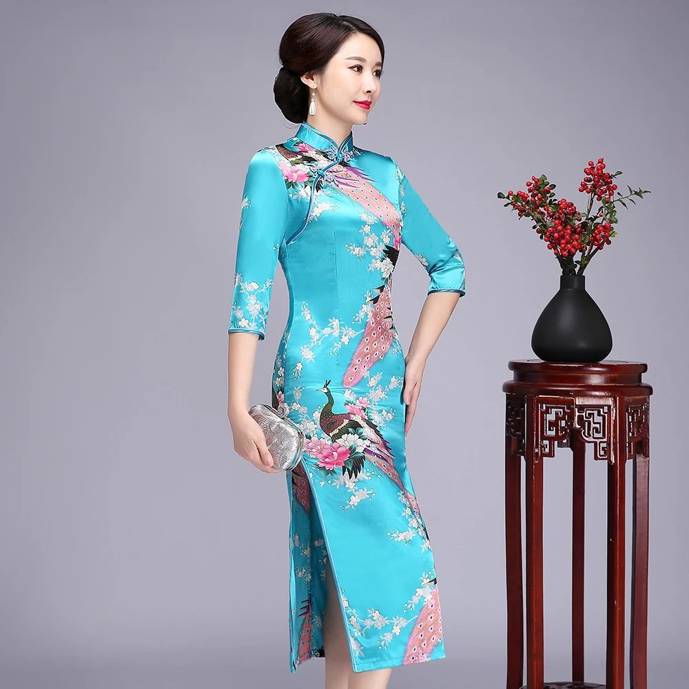 꽃과 공작 중국어 번체 Qipao S-6XL 우아한 긴 소매 높은 Qplit Cheongsam 인쇄 레이온 전통 드레스 가운 플러스 사이즈
