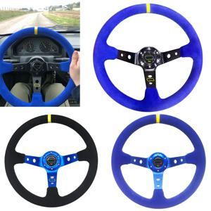 스포츠 스티어링 휠 14인치 딥 코브 드리프팅 스웨이드 가죽 350mm 자동차 스티어링 휠 (혼 버튼 포함) 6홀 블랙 블루