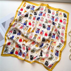 2025 실크 목도리 인쇄 Headscarf 고양이 머리 랩 Neckerchief 여성 새틴 스퀘어 스카프 여성용 머리띠 Foulard Hijab Bandana