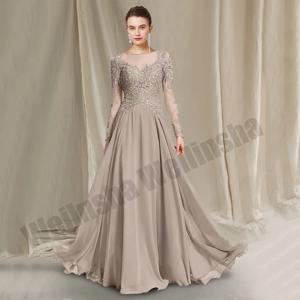 매력적인 긴팔 레이스 웨딩 하객 드레스, 스쿱 넥 비즈 쉬폰 A 라인, 여름 신부 어머니 드레스, 맞춤 사이즈