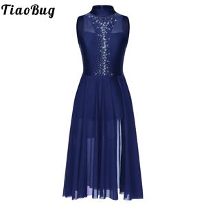 여자 라인 석 피겨 아이스 스케이트 드레스 민소매 쉬어 메쉬 발레 레오타드 현대 서정적 댄스 공연 의상