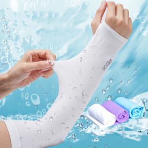 남성과 여성 모두를위한 2 쌍의 얼음 실크 슬리브 야외 자외선 차단 사이클링 팔 썬 스크린 보호 블랙 플러스 화이트