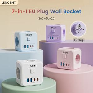 LENCENT 7-in-1 EU 플러그 벽 소켓 확장기(3AC 콘센트 + 2 USB-A + 2 USB-C 큐브 소켓 켜기/끄기 스위치 어댑터 포함)