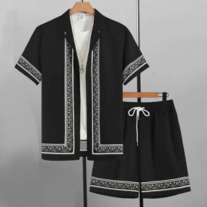 2024 새로운 남성 여름 휴가 세트 복고풍 질감 테두리 셔츠 짧은 소매 반바지 2 개 남성 통기성 수영장 세트