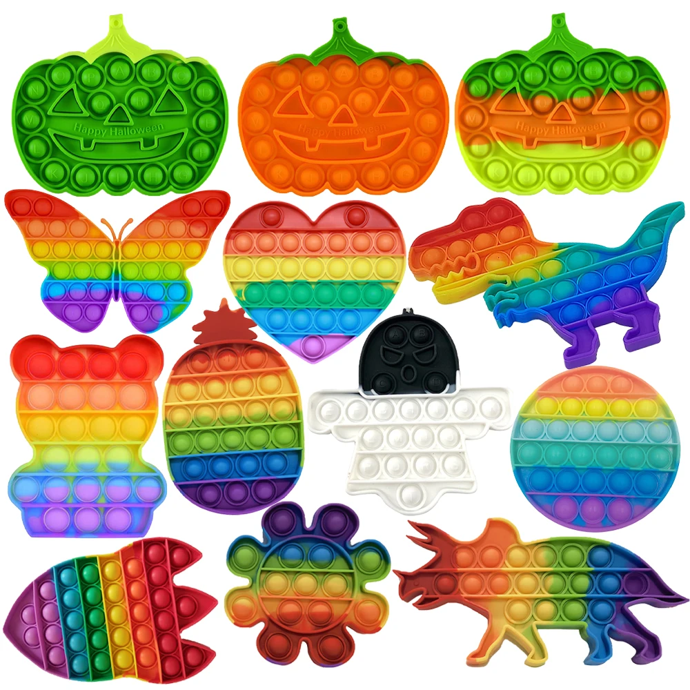 실리콘 고무 안티 불안 스트레스 릴리프 푸시 팝 버블 레인보우 호박 유령 Fidget 장난감 어린이 성인을위한 장난감을 짜내십시오