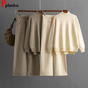 여성용 두꺼운 니트 2 피스 세트, 하프 터틀넥 니트웨어, 스웨터 풀오버 상의, 컨정토스 하이웨이스트 스웻팬츠 의상, 겨울