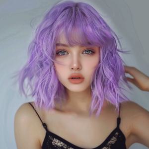 여성용 라이트 퍼플 합성 가발, 앞머리가 있는 짧은 웨이브 밥 가발, 데일리 사용, 천연 보라색 코스프레 로리타 가발, 내열성