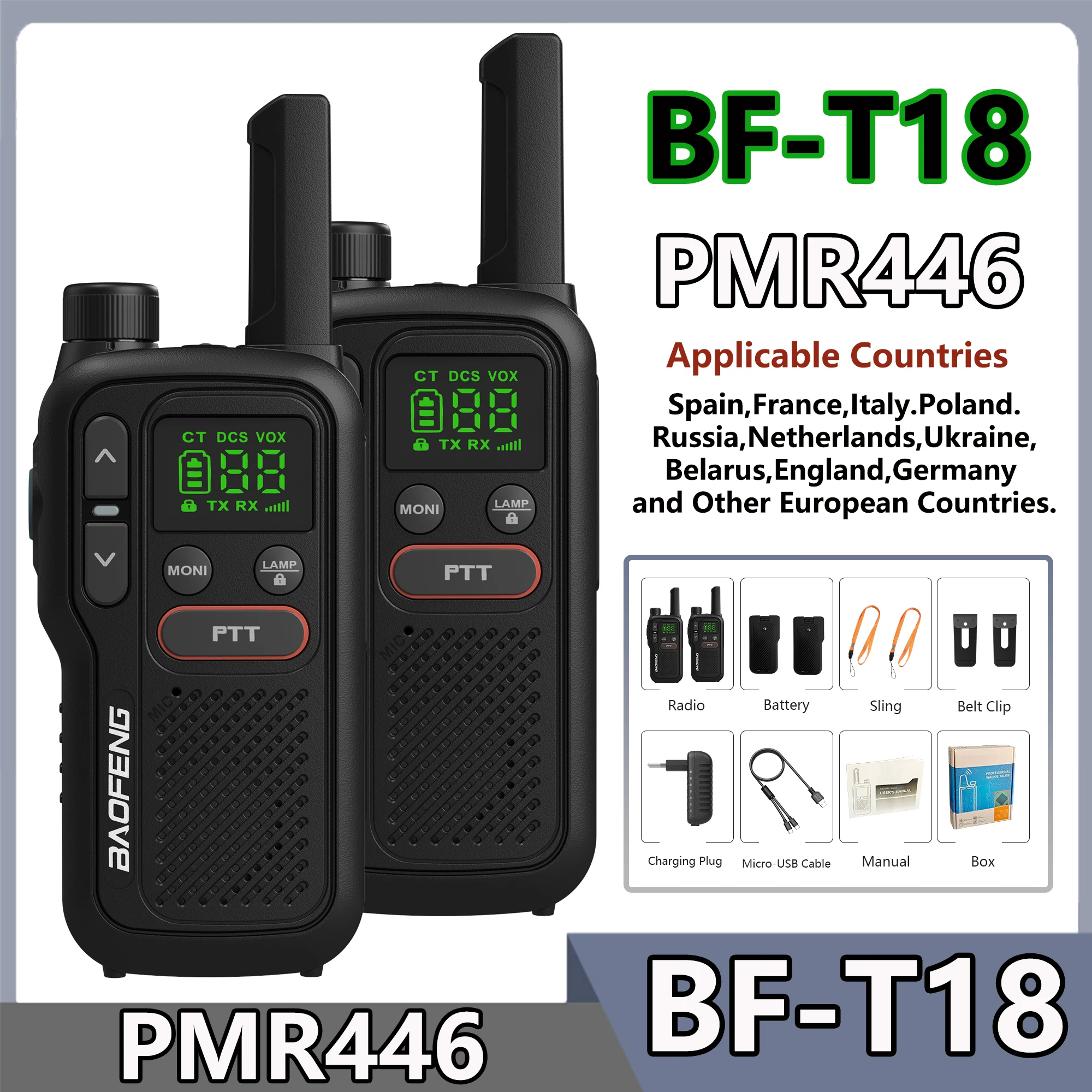 Baofeng BF-T18 PMR446 워키 토키 Type-C 충전 유럽 446MHz 16 채널 장거리 업그레이드 BF-T20 미니 양방향 햄 라디오