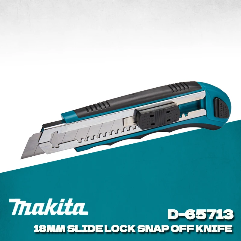 마키타 ‎ D-65713 18mm 슬라이드 잠금 스냅오프 나이프 총 8개 칼날 포함 접이식 추가 칼날 편안한 고무 손잡이 나이프