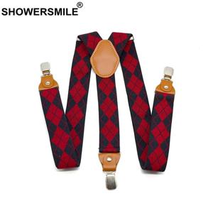 SHOWERSMILE 그리드 멜빵 바지 용 남자 블랙 레드 아가일 조절 가능한 서스펜더 벨트 3 클립 남성 교정기 와이드 격자 무늬 120cm * 3.5cm