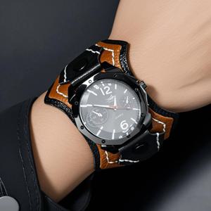 남성용 펑크 록 스타일 대형 다이얼 쿼츠 시계 빈티지 멀티 레이어 핸드 스티치 소가죽 스트랩