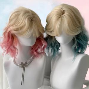 옹 브르 블루 합성 밥 가발 헤어 코스프레 짧은 곱슬 밥 가발 자연 시뮬레이션 두피 옹 브르 핑크 워터 웨이브 가발 (Bangs 포함)