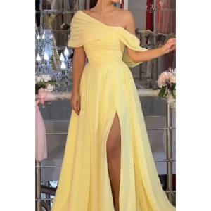 사우디 아라비아 여성을위한 섹시한 노란색 댄스 파티 드레스 2025 Pleated 쉬폰 이브닝 가운 바닥 길이 공식 행사 드레스 맞춤형