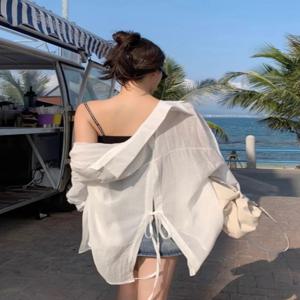 여성용 여름 얇은 통기성 비치 썬 프로텍션 셔츠 백리스 타이 디테일 오픈 카디건 긴팔 폴로 칼라 탑