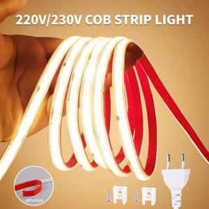 220V COB LED 스트립 조명 296개 LED/m 고휘도 방수형 플렉시블 LED 테이프 리본, 실내 주방 실외 조명 230V