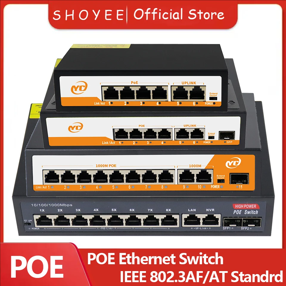 새로운 POE RJ45 이더넷 스위치 SFP 48V, 802.3af/at 업링크 비관리형 플러그 앤 플레이, IP 카메라/NVR용