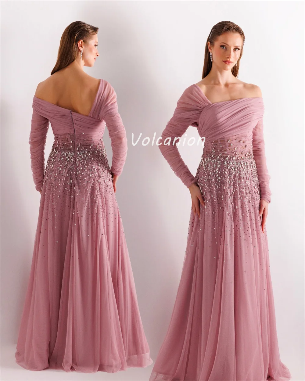 맞춤형 복잡한 스파클 쉬폰 라인스톤 비즈 주름 장식 볼 가운 오프 숄더 롱 드레스 맞춤형 행사 드레스