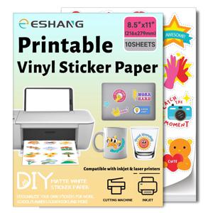 10 시트 8.5x11 인치 자체 접착 시트 매트 흰색 인쇄용 비닐 스티커 용지 잉크젯 및 레이저 프린터 방수