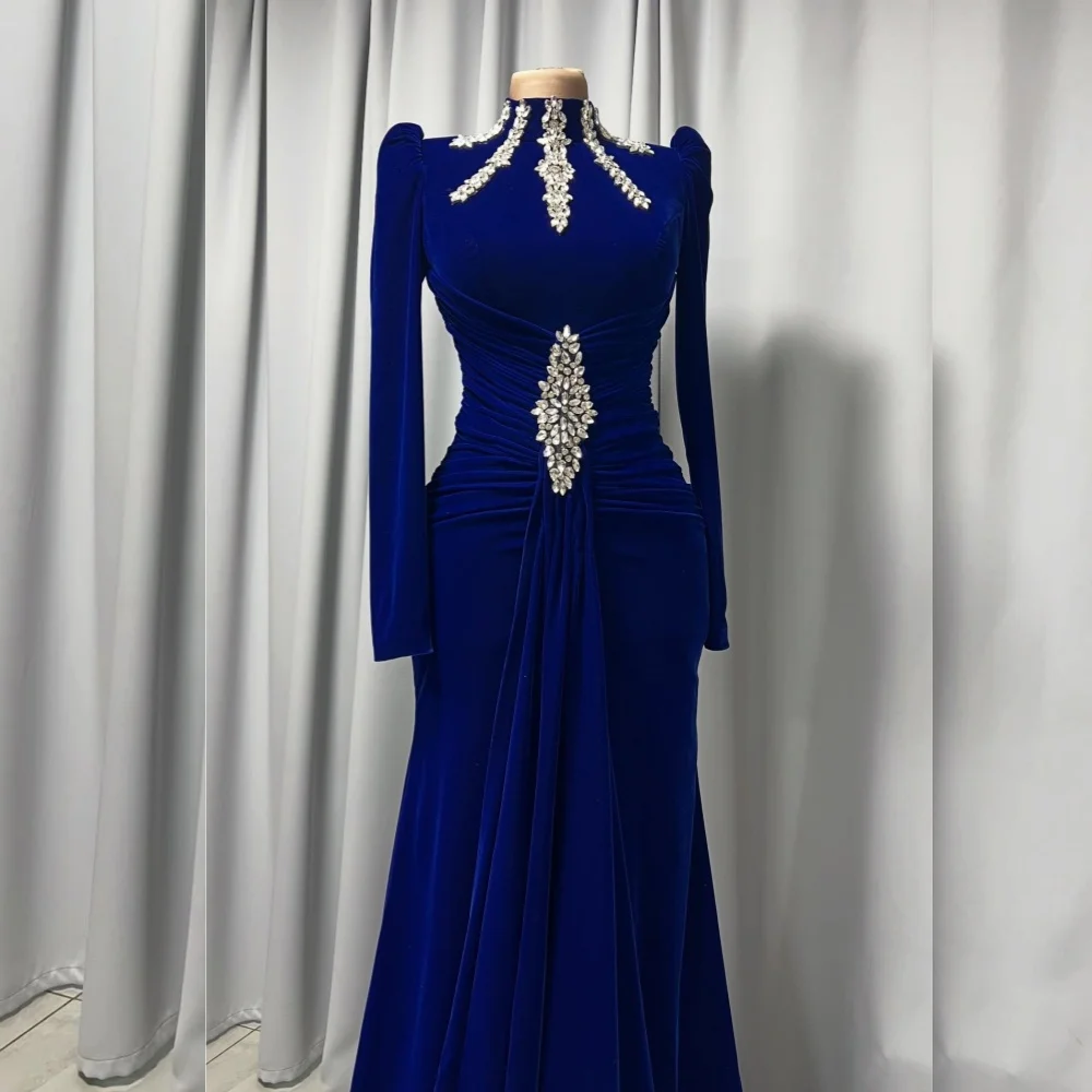 맞춤형 저지 라인스톤 플리츠 하이 칼라 트럼펫 바닥 길이 맞춤형 행사 이브닝 드레스 클래식 절묘한 공식