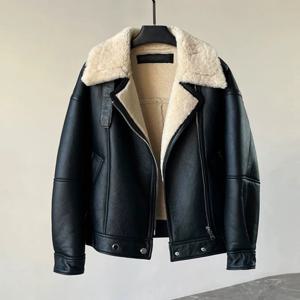 2025년 겨울 여성용 정품 양털 시어링 재킷, 두꺼운 따뜻한 진짜 가죽 양털 오토바이 캐주얼 지퍼 재킷