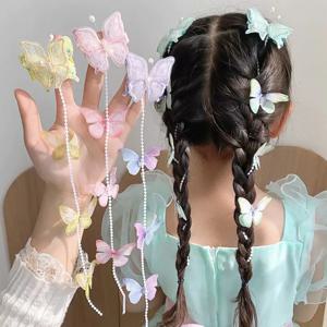 2 개/대 요정 진주 나비 헤어 클립 공주 소녀 술 땋은 머리 체인 머리핀 달콤한 아기 머리 장식 어린이 헤어 액세서리