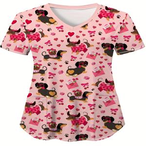 여성용 귀여운 닥스훈트 프린트 V 넥 반소매 탑, 하트 발 프린트 디자인 패치 포켓, 간호사 여름 옷에 적합