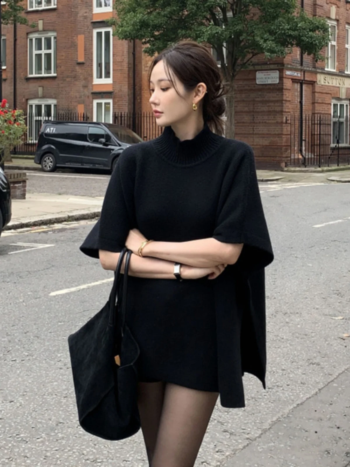 세련된 오버사이즈 니트웨어 여성용 숄더 숄 하프 하이 칼라 겨울 따뜻한 루즈핏 스웨터 트렌디한 출퇴근 스타일